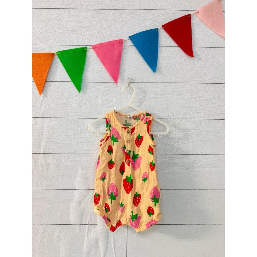 Old Navy Baby Strawberry Print Gauze Romper Yellow Sleeveless Henley 6-12M